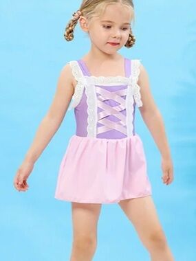 Girls Rapunzel Swimsuit Dress Size 5/6 Purple Pink Princess One Piece Swim Dress